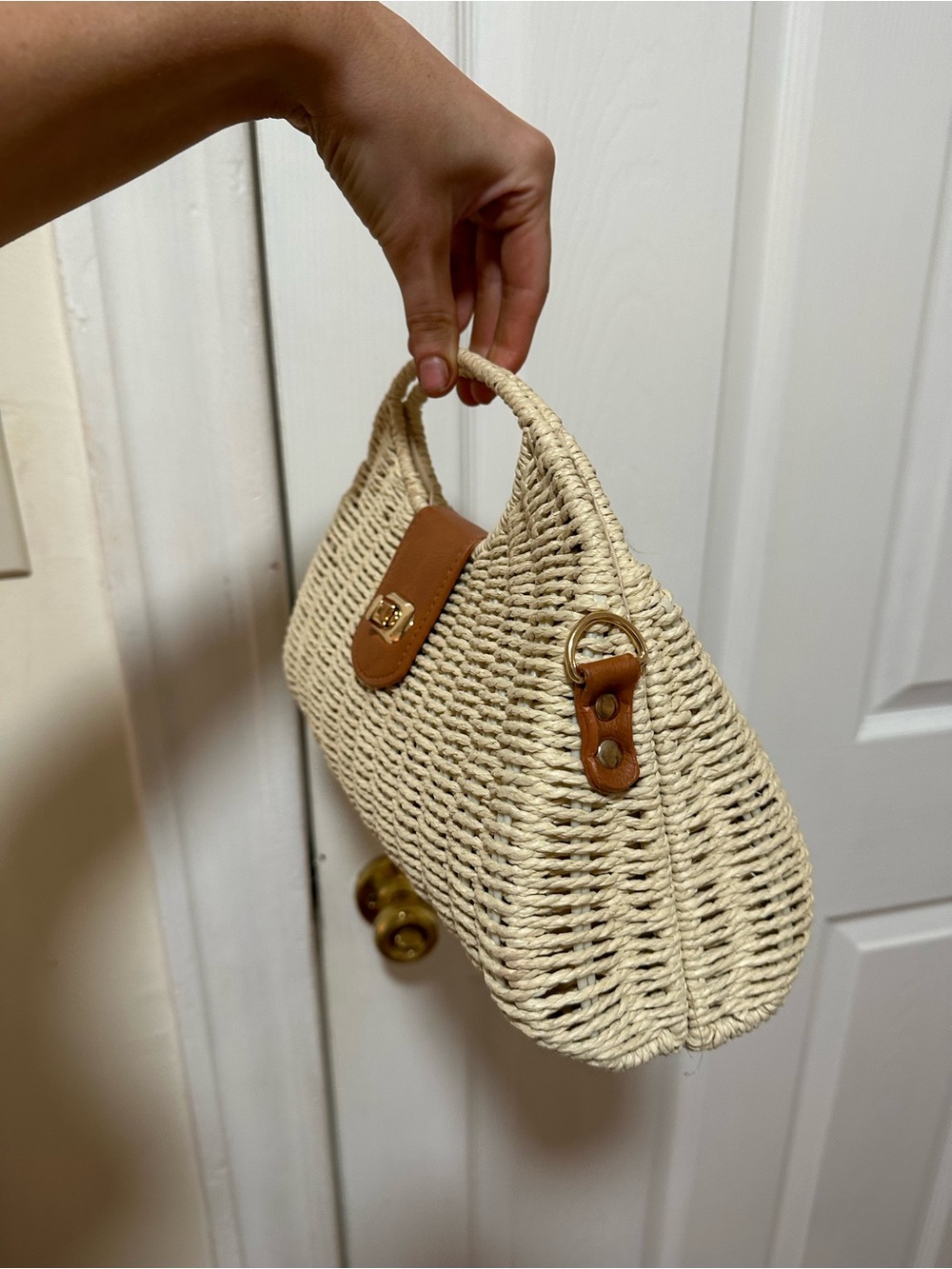 Woven Straw Top-Handle Bag with Brown Leather Trim - Picture 2 of 6